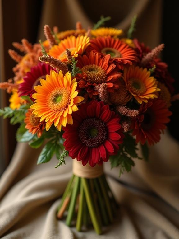 秋の色合いが特徴の季節のブーケのクローズアップ。