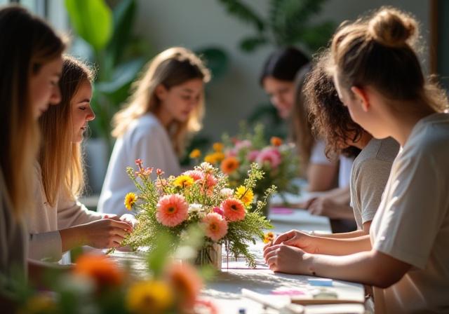 参加者がフラワーアレンジメントを楽しんでいるワークショップの様子。